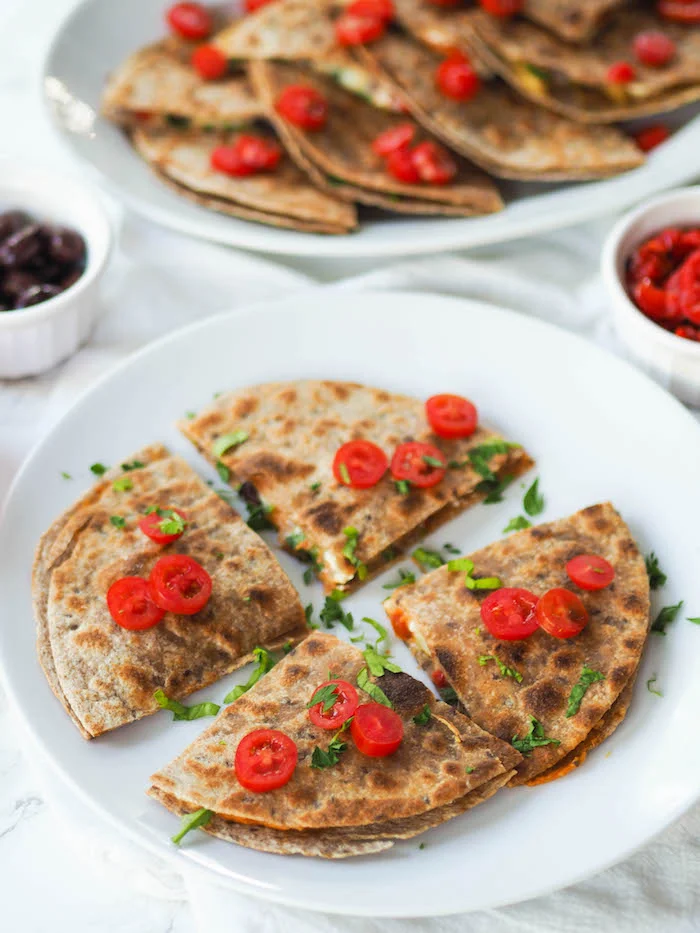 Mediterranean Quesadillas with Roasted Garlic Hummus