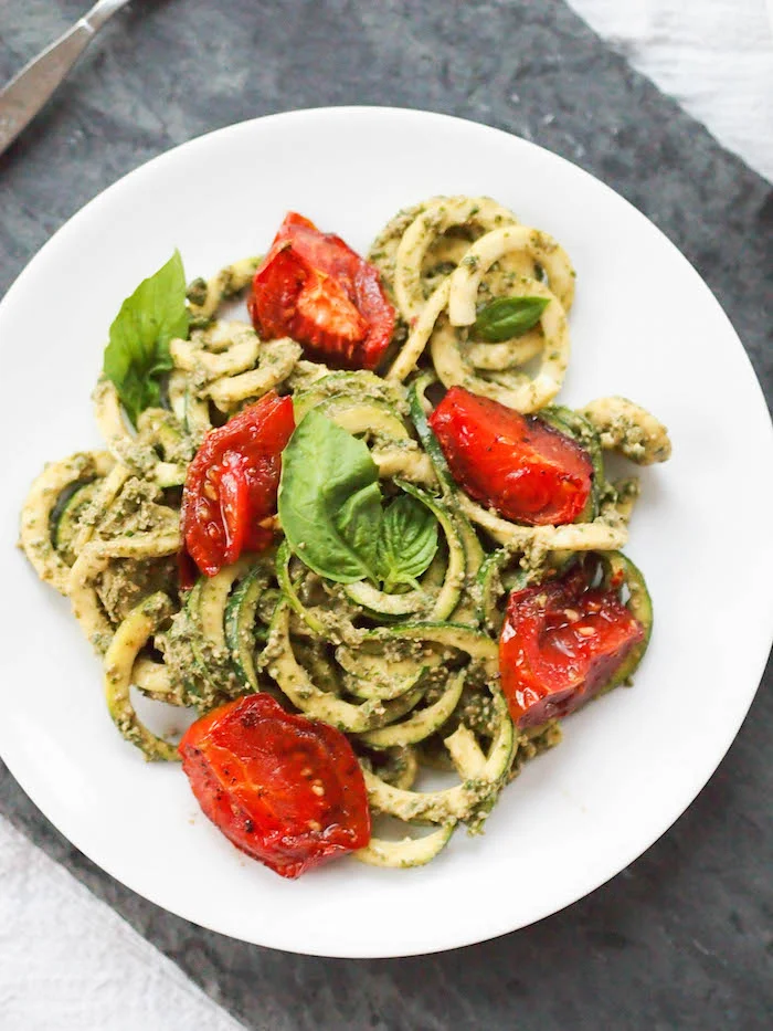 Zoodles with Creamy Vegan Pesto and Roasted Tomatoes — Registered