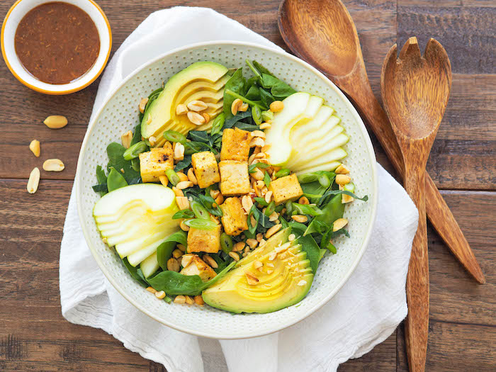 Asian Spinach Salad with Tofu, Green Apples and Avocado