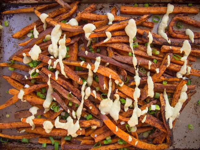 Spicy Baked Sweet Potato Fries with Vegan Cilantro-Lime Dipping Sauce