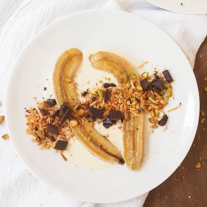 Roasted Bananas with Coconut Cream, Dark Chocolate and Pistachios