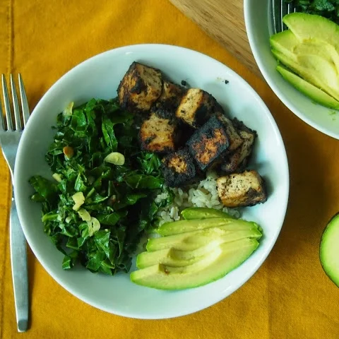 Jamaican Jerk Tofu Bowl with Garlicky Greens
