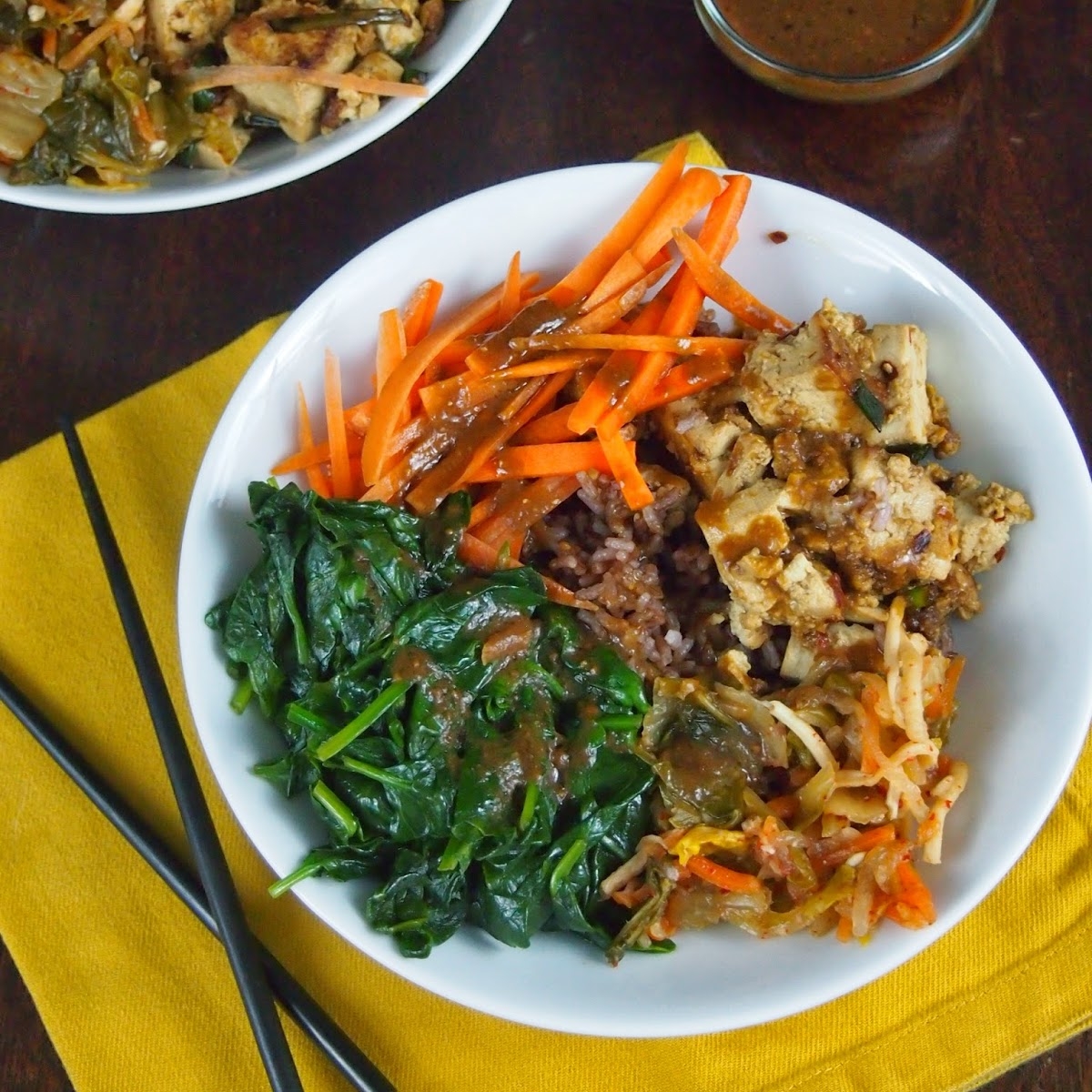 Buddha Bowl with Marinated Tofu, Kimchi, and Spinach
