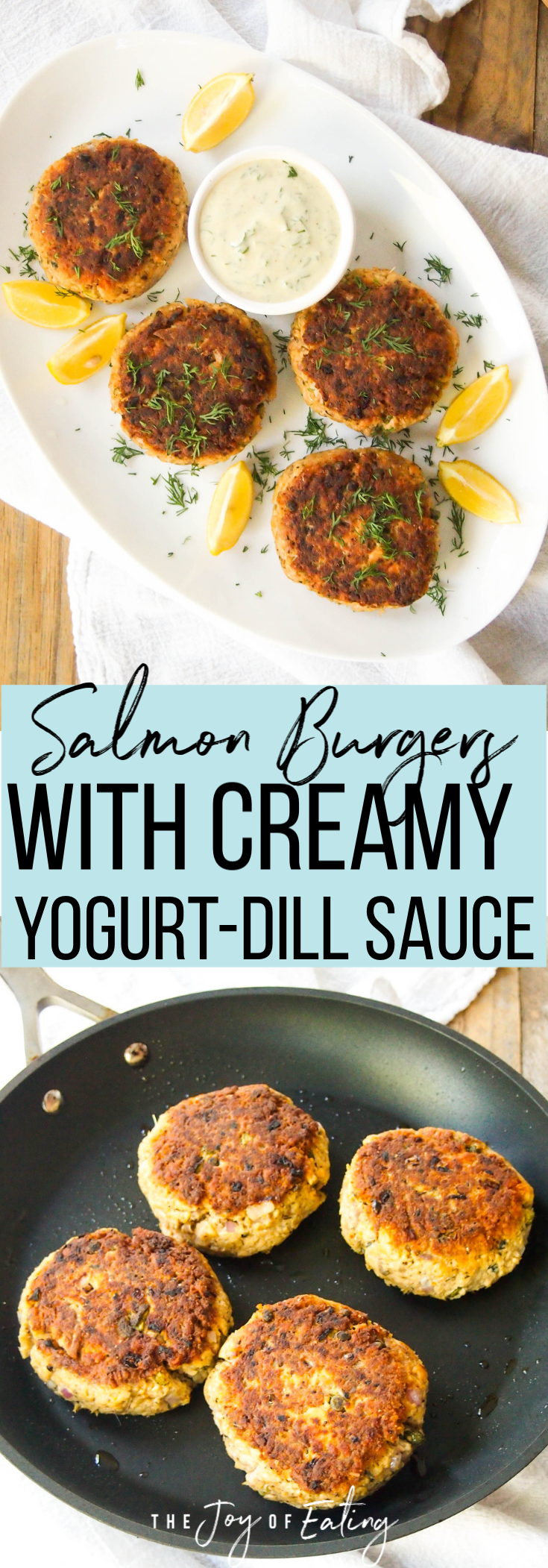 Easy salmon burgers served with a creamy yogurt-dill sauce! It’s a budget friendly way to enjoy fatty fish! #cannedsalmon #cannedfish #burger #salmon #healthyrecipe #easyrecipe