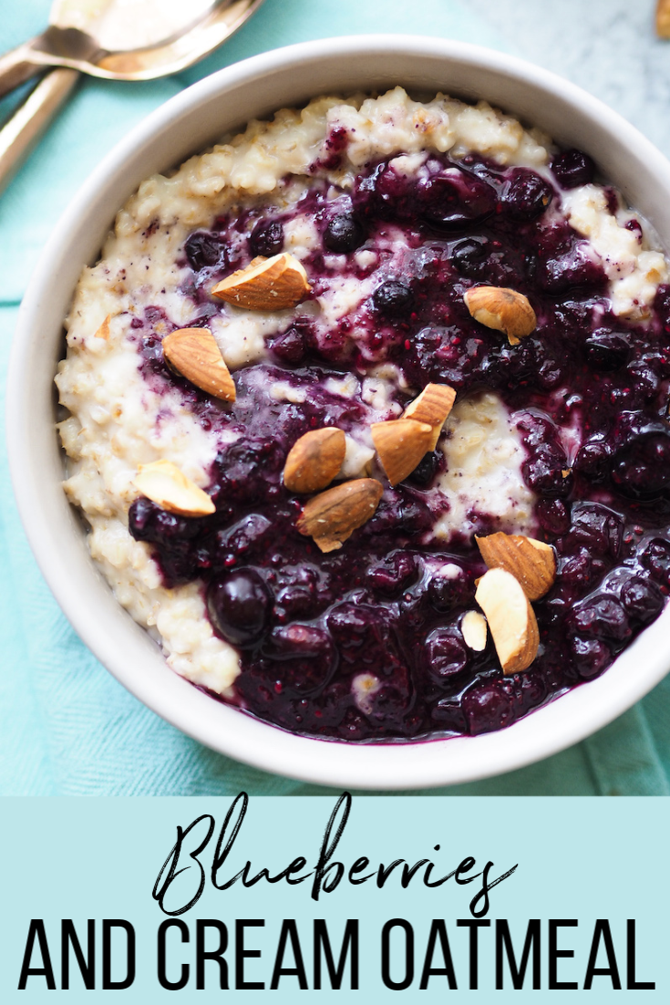 Easy and healthy blueberries and cream oatmeal! Creamy toasted coconut oats are topped with a low sugar blueberry chia jam! #oatmeal #breakfast #lowsugar #healthybreakfast #vegan