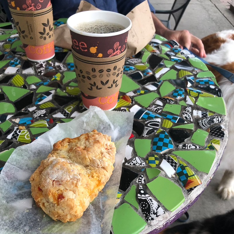 Had a late breakfast after camping outside of Brevard, but since we were meeting up with my parents for lunch in a little over an hour, ate this (amazing!) pimento cheese scone that got me to a 6ish on the hunger fullness scale, vs a more filling breakfast sandwich.