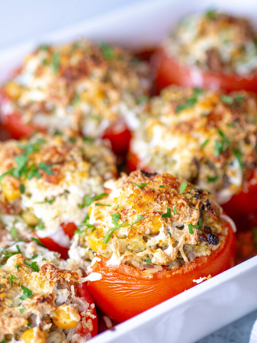 Easy Pesto Stuffed Tomatoes with Rice and Sausage
