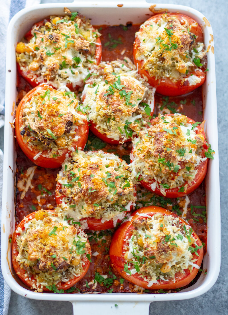 Baked Pesto Stuffed Tomatoes with Rice and Sausage