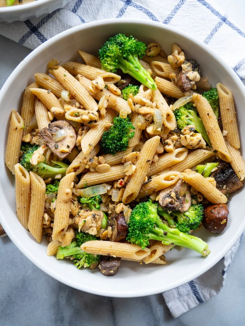 Vegan Sausage Pasta with Broccoli and Mushrooms
