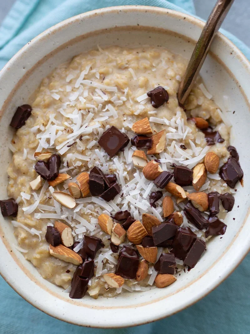 Creamy Coconut Oatmeal with Dark Chocolate and Almonds