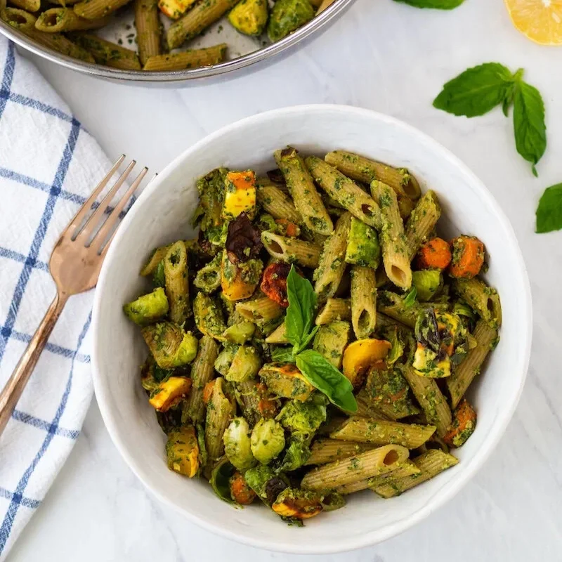 Vegan Pesto Pasta with Roasted Fall Vegetables 