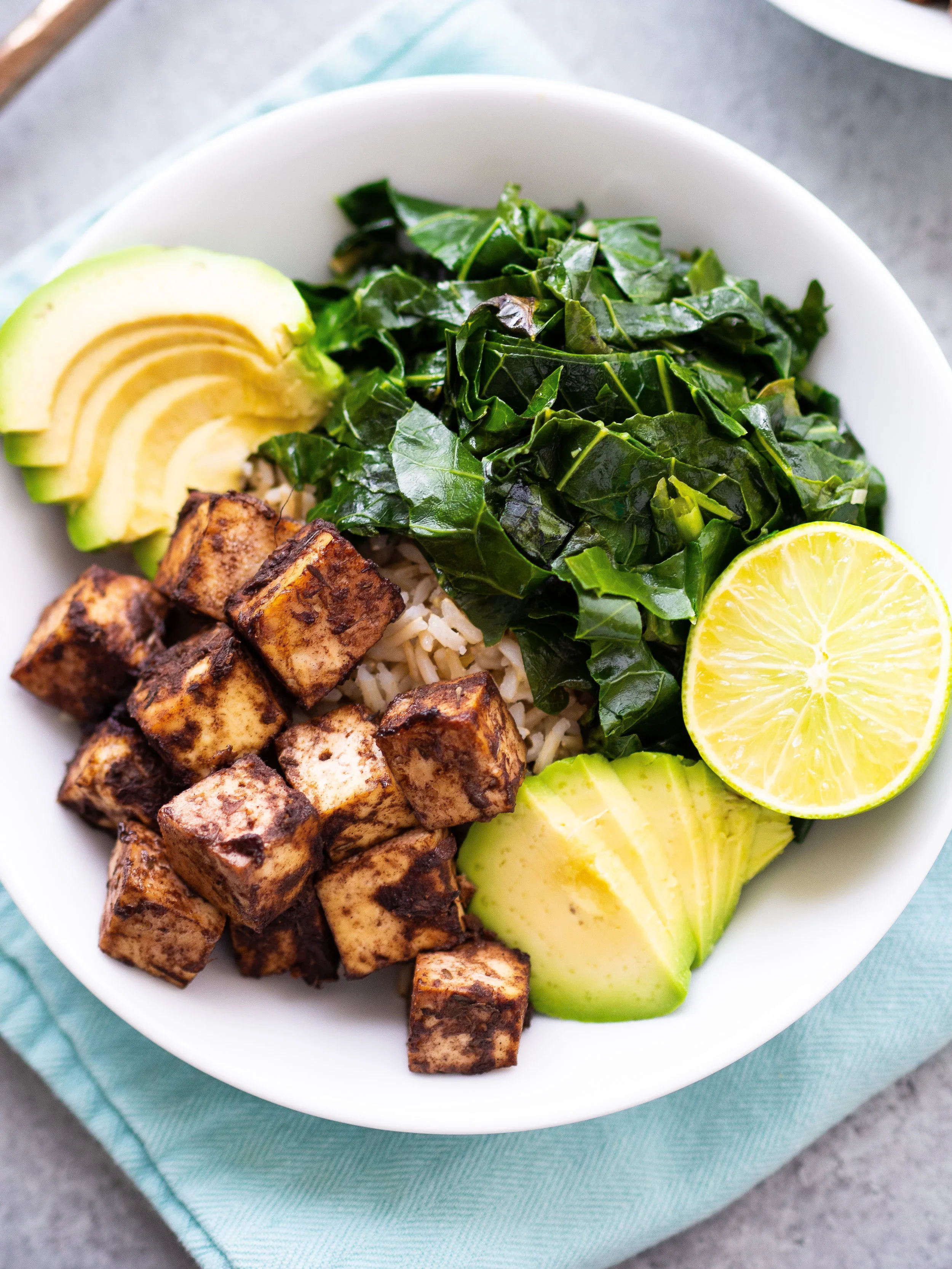 Easy Jerk Tofu Bowl with Garlicky Collards