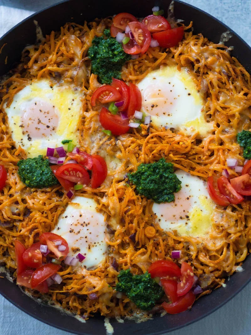 Shredded Sweet Potatoes and Eggs with Chimichurri and Salsa