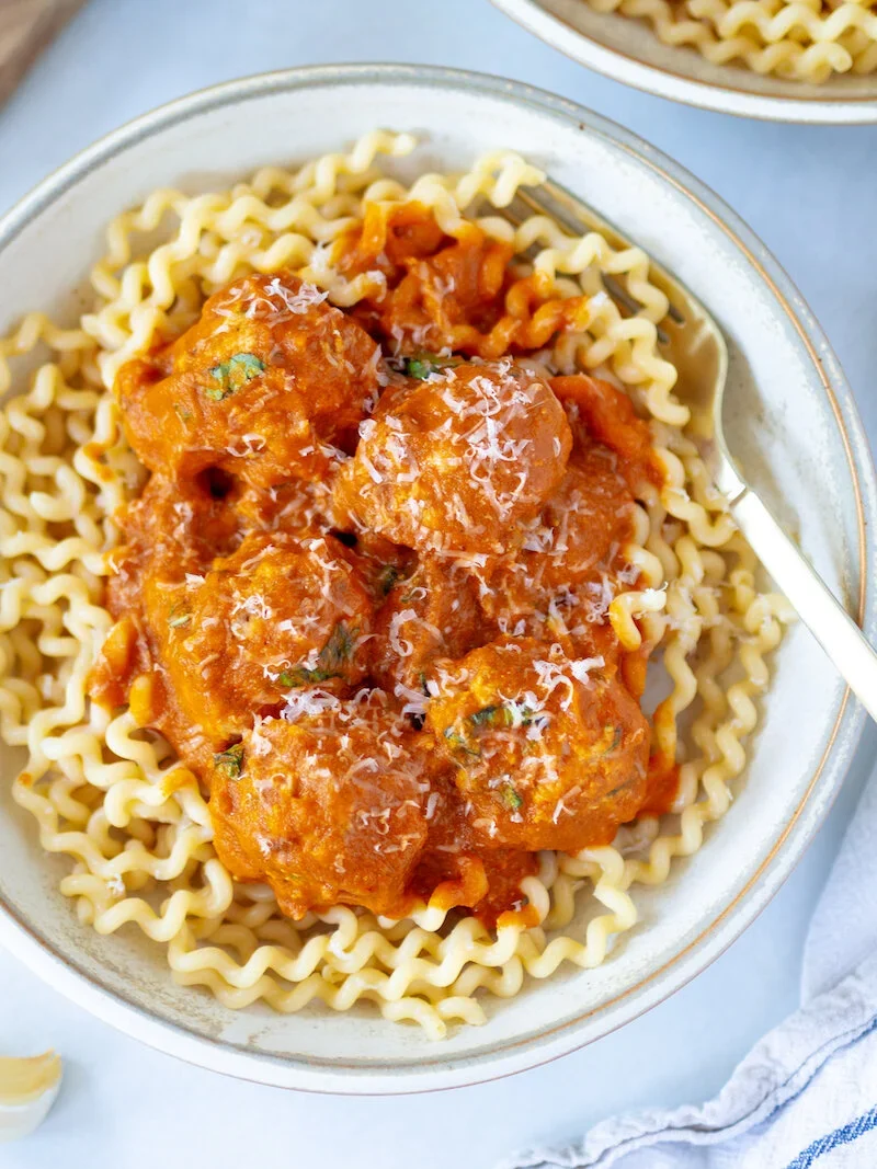 Spicy Turkey Zucchini Meatballs with Roasted Red Pepper Sauce 