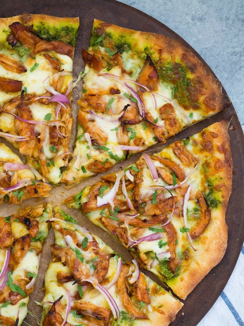 Barbecue Chicken Pizza with Mustard Green Pesto