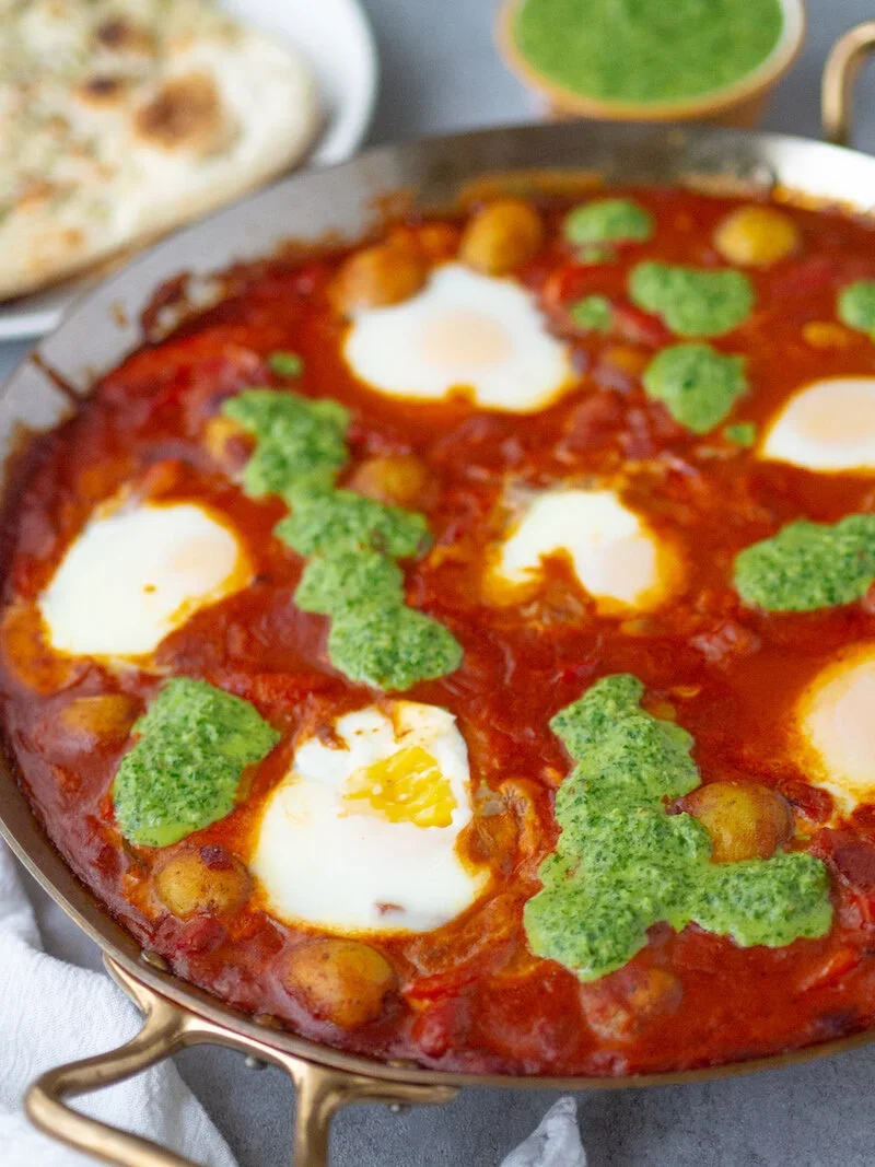 Indian Baked Eggs with Green Chutney