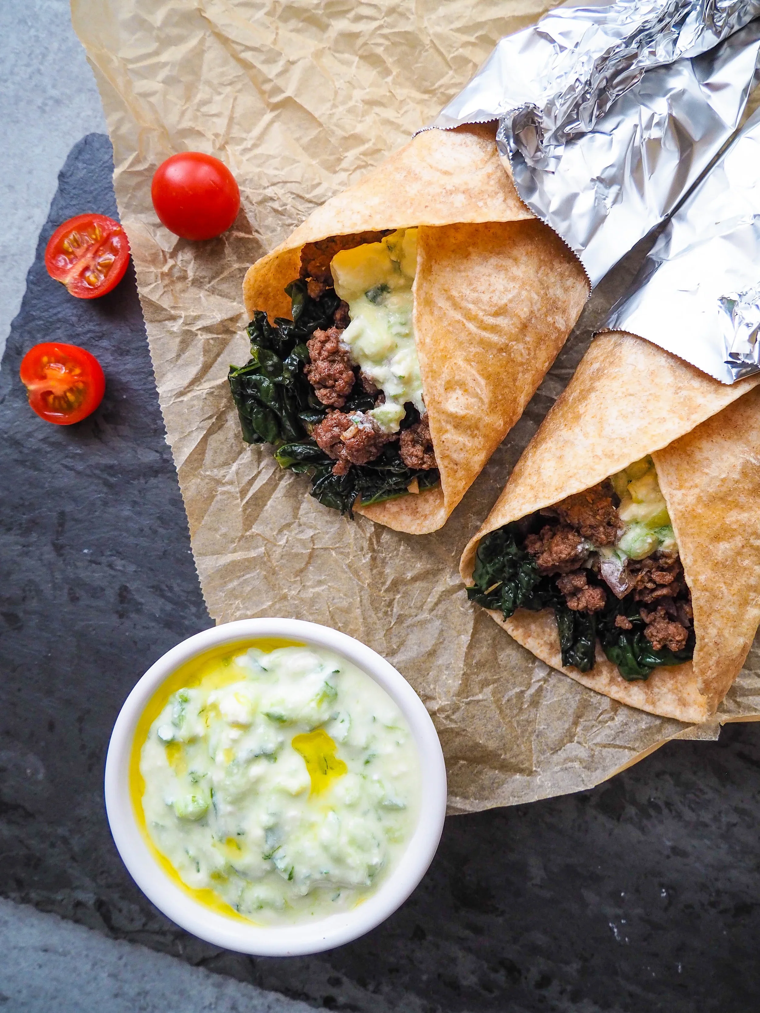 Greek Tacos with Garlicky Kale and Feta Sauce 