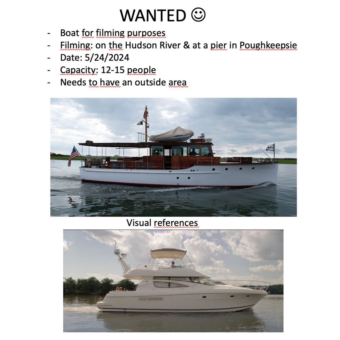If you have a boat in the Hudson Valley that meets these parameters, please email a photo to filmcommission@me.com and we will forward to the producer asap.

Boat needs to have an outside area.