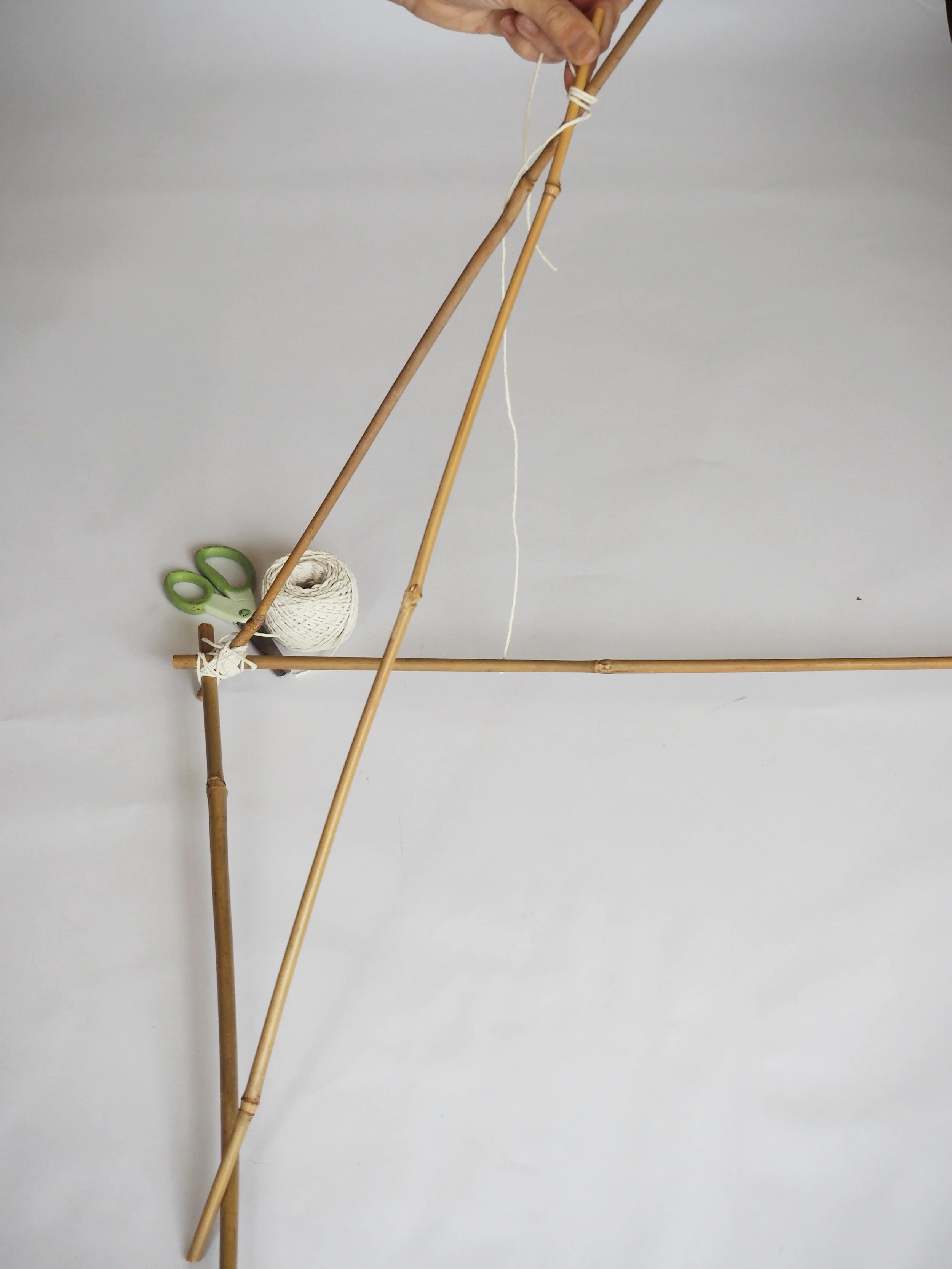  Now take one of the short canes (65cm) and tie one end to the triangle and the other end to the long cane, as shown above. This will create a small triangle, making the structure stronger.  