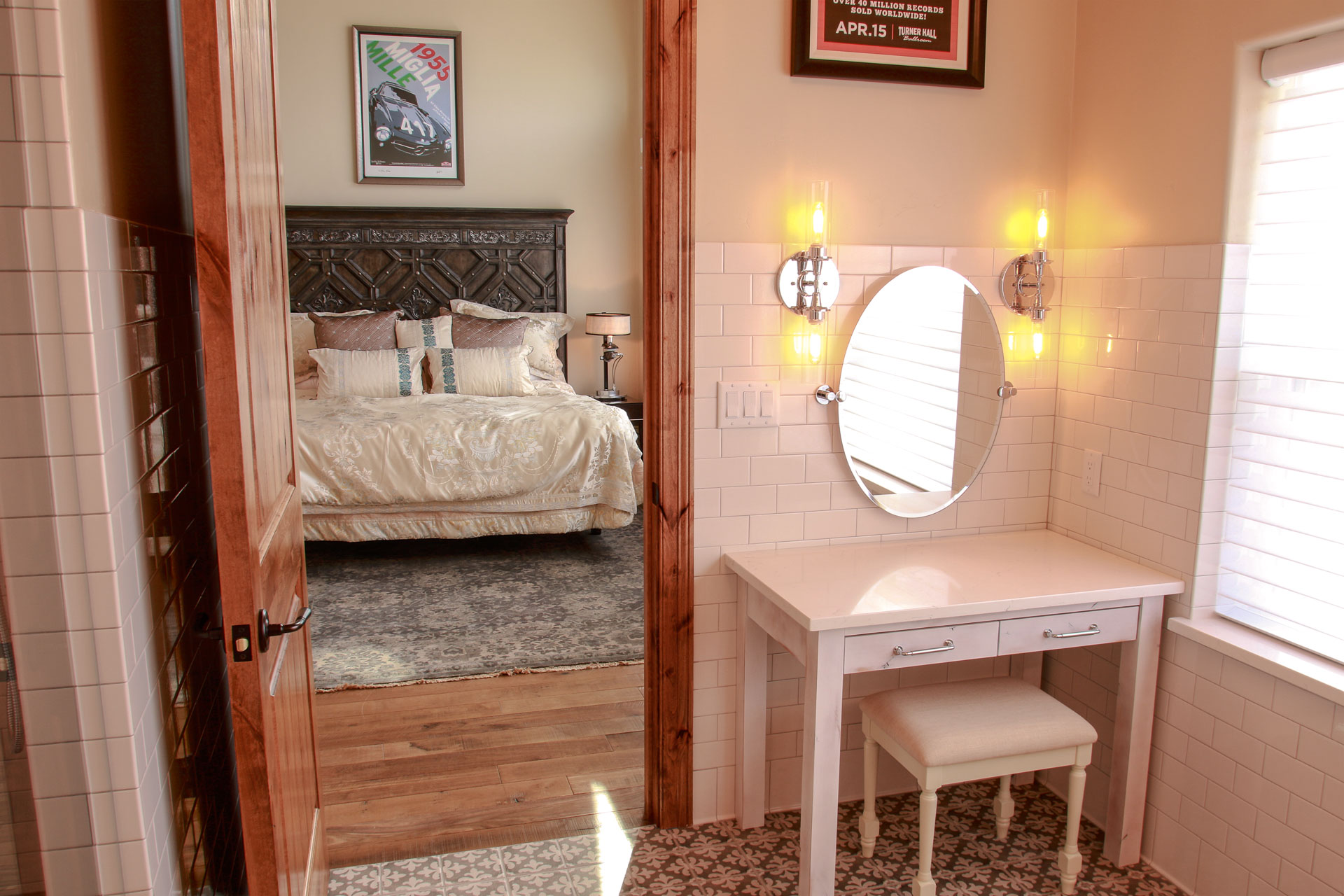 You'll feel spoiled in the spa-like master bath with custom-made vanity space and precious materials from floor to ceiling.