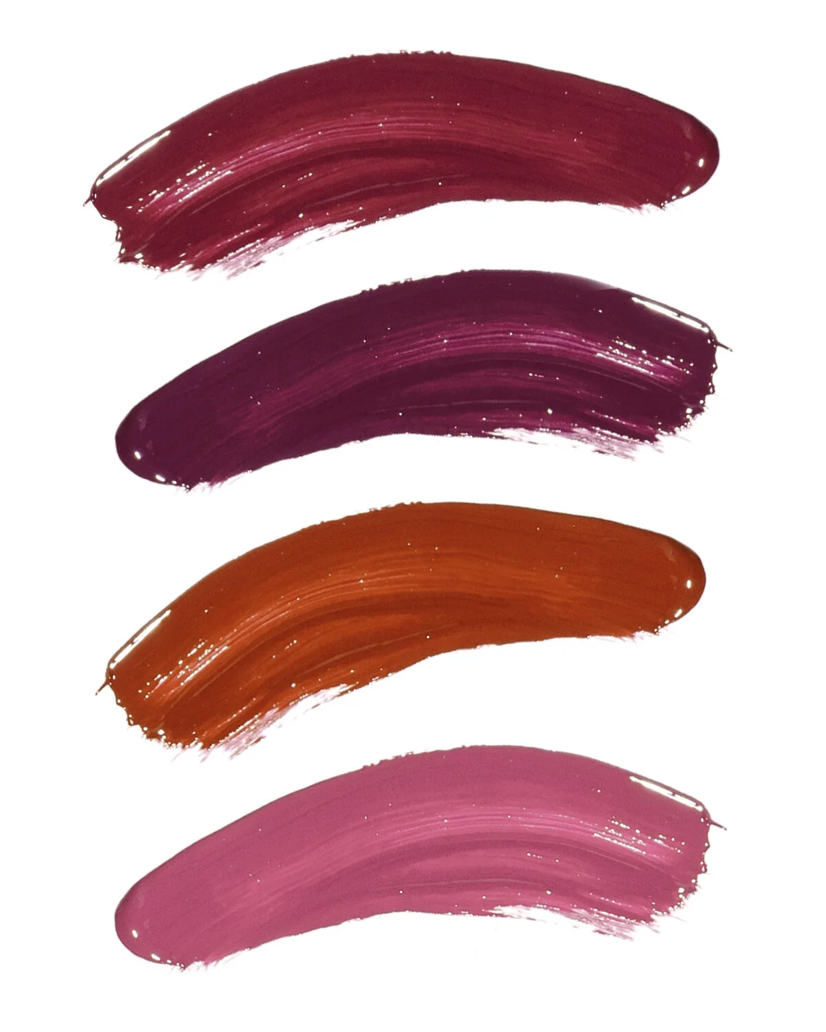 Four lipstick swatches in shades of pink, purple, red, and light pink on a white background.