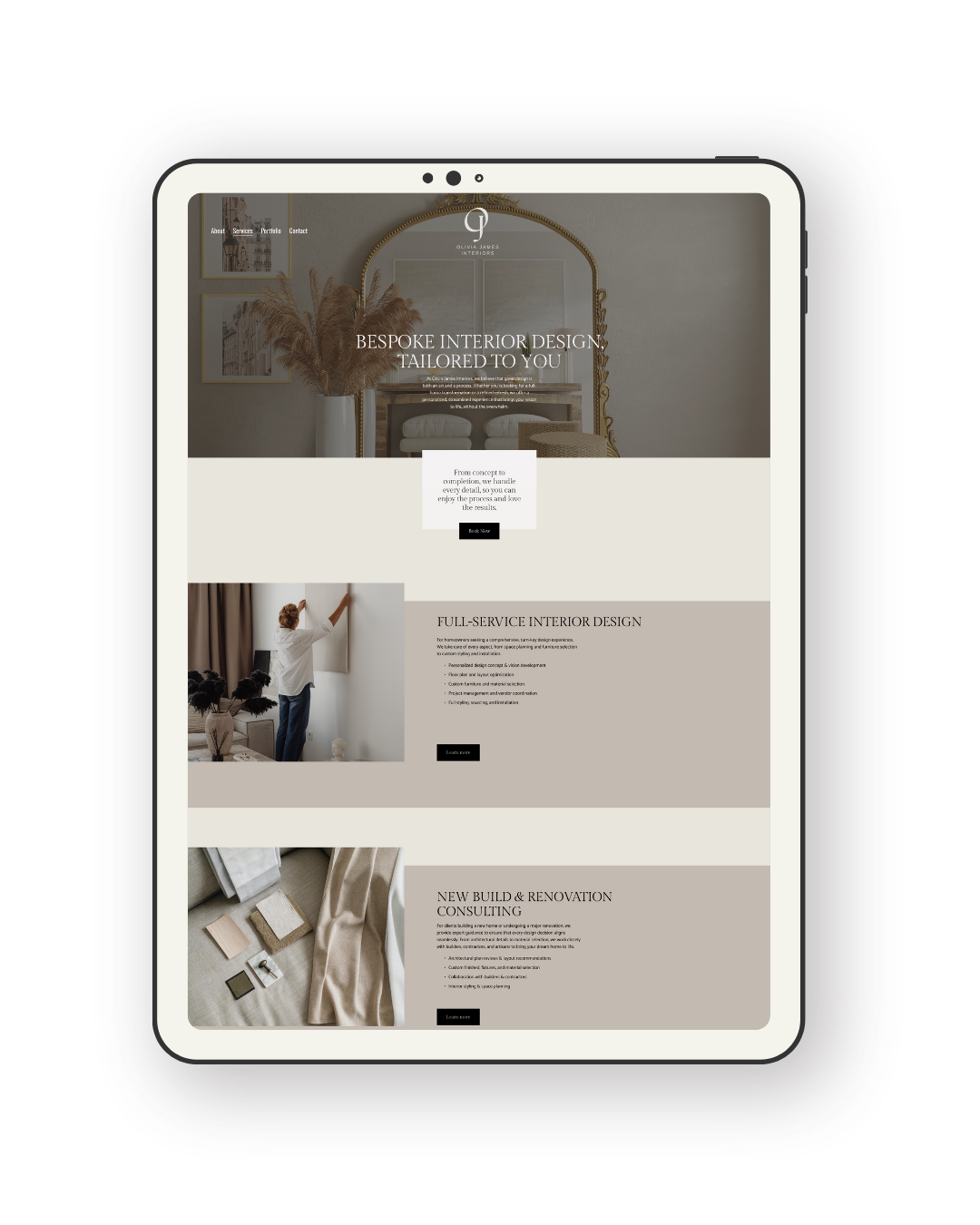 Web page of an interior design company featuring images of home decor, a person working on a wall, and fabric samples with text about services.