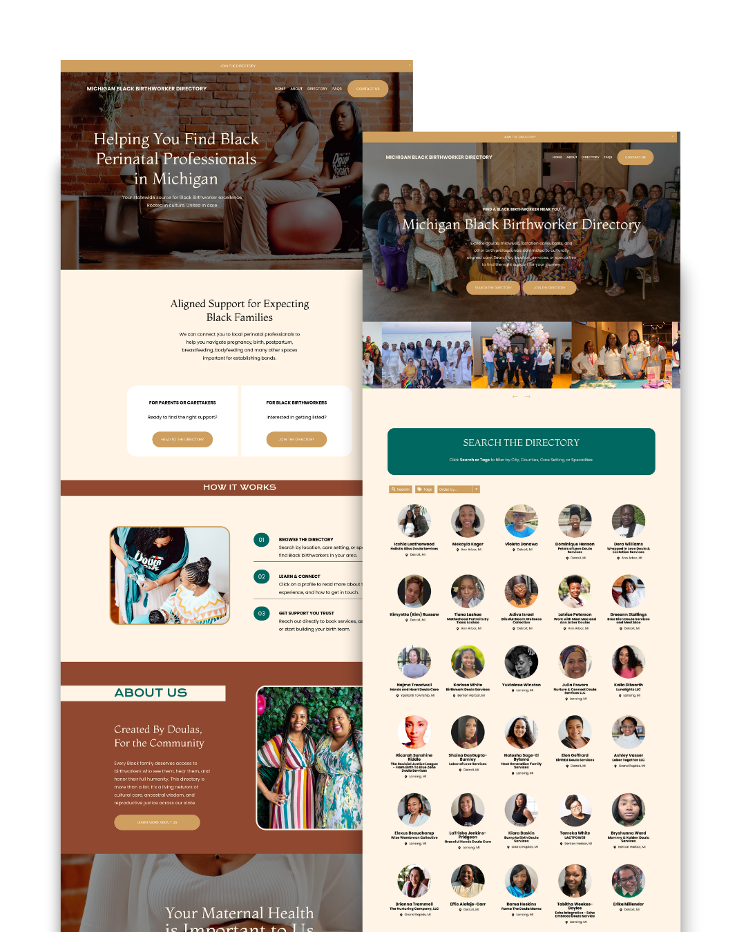 Screenshots of a website for the Michigan Black Birthworker Directory, featuring images of Black women and families, a search function for birthworkers, and sections about supporting Black families and how the directory works.