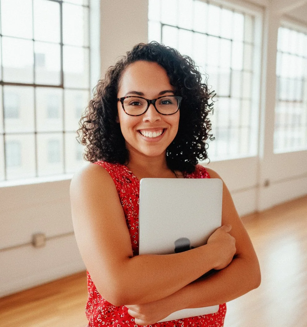 woman hugging laptop smiling