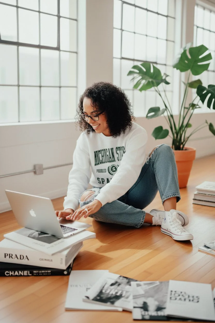 Young woman sitting on wooden floor, using laptop, books and magazines nearby, large window in background, potted plant beside her.