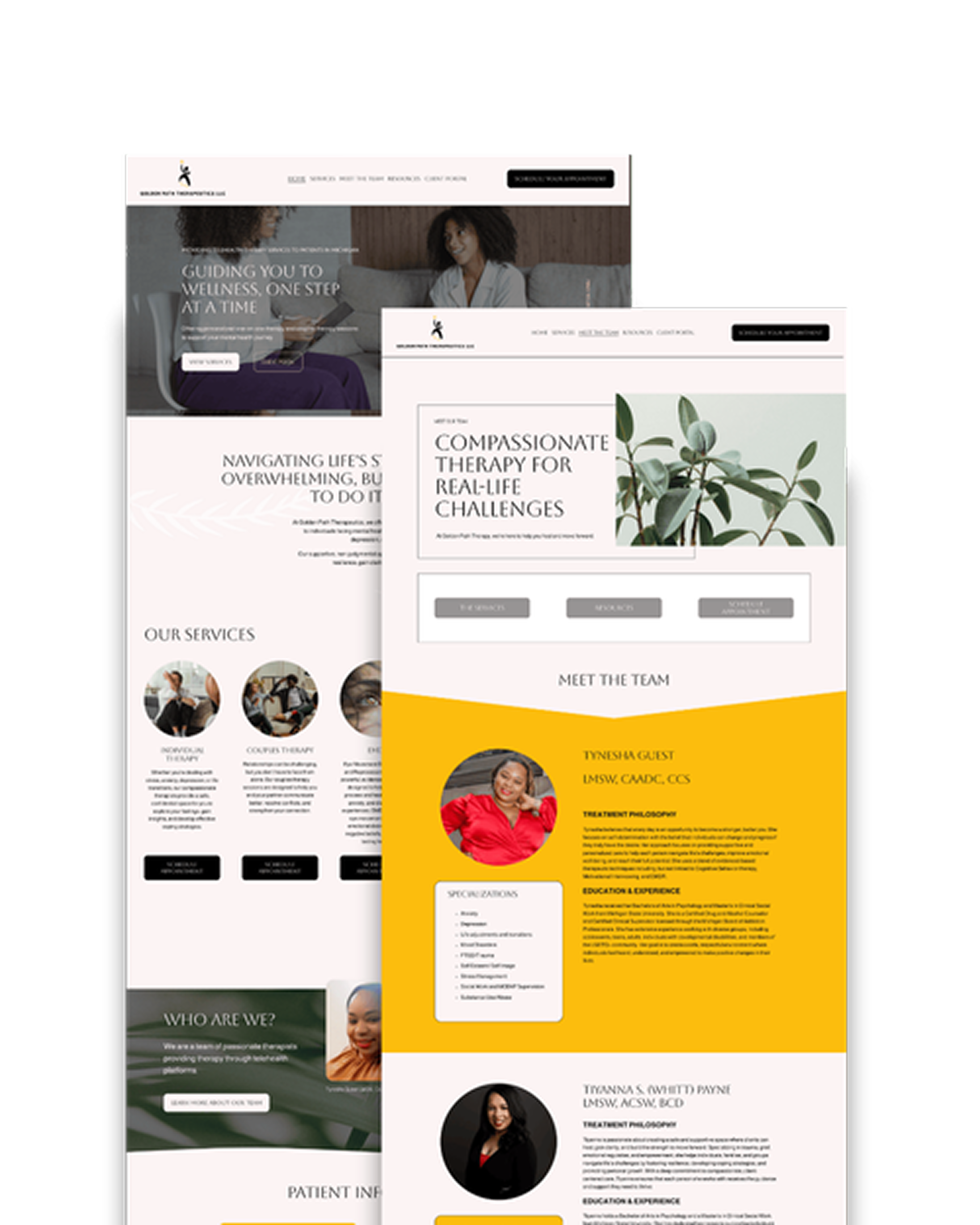 Two overlapping website screenshots of a therapy or counseling service, featuring images of therapists, clients, and natural design elements.