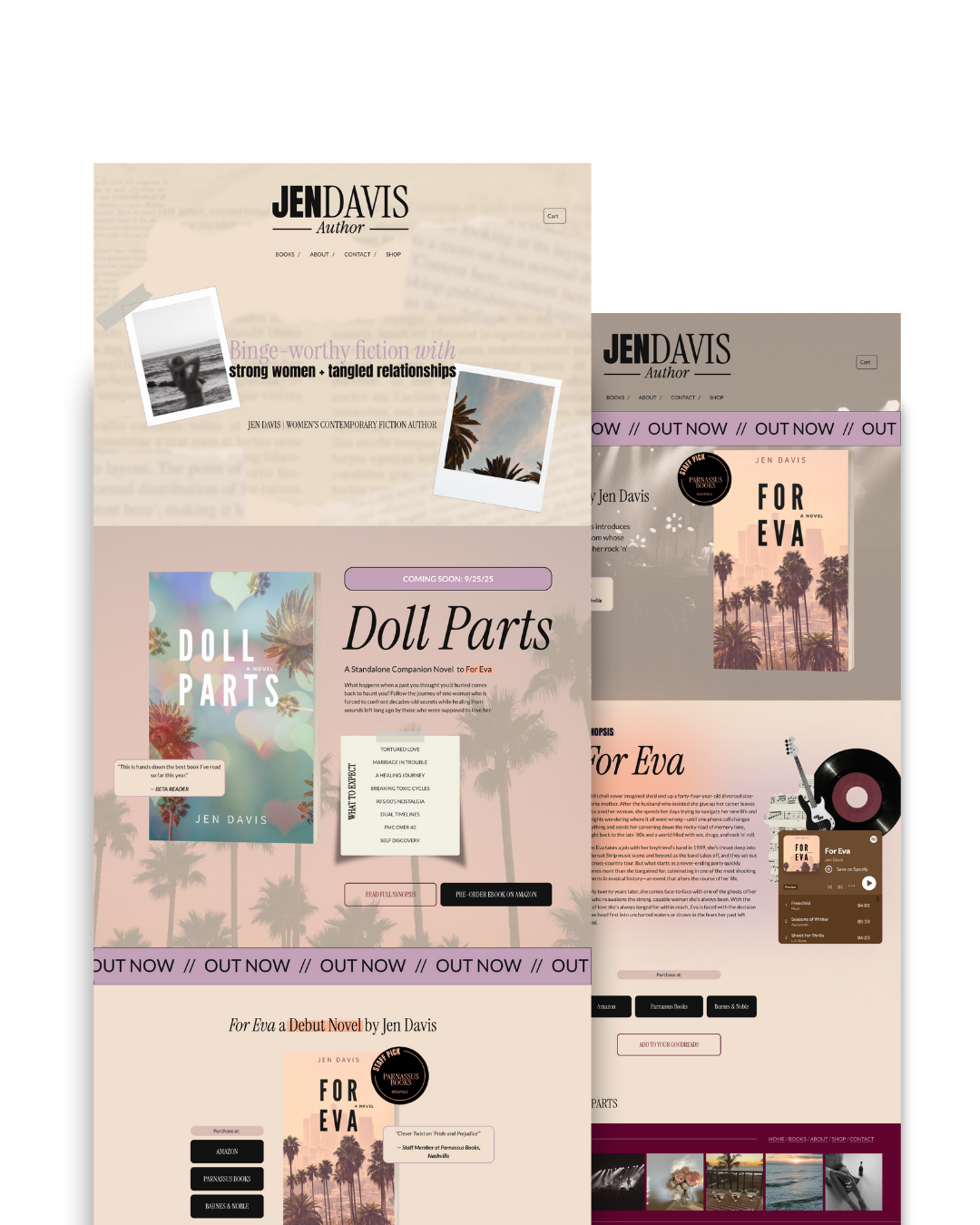 Screenshots of a book's promotional website with images of palm trees, a guitar, and a vinyl record, promoting Jennifer Davis's novel "For Eva" and other books.