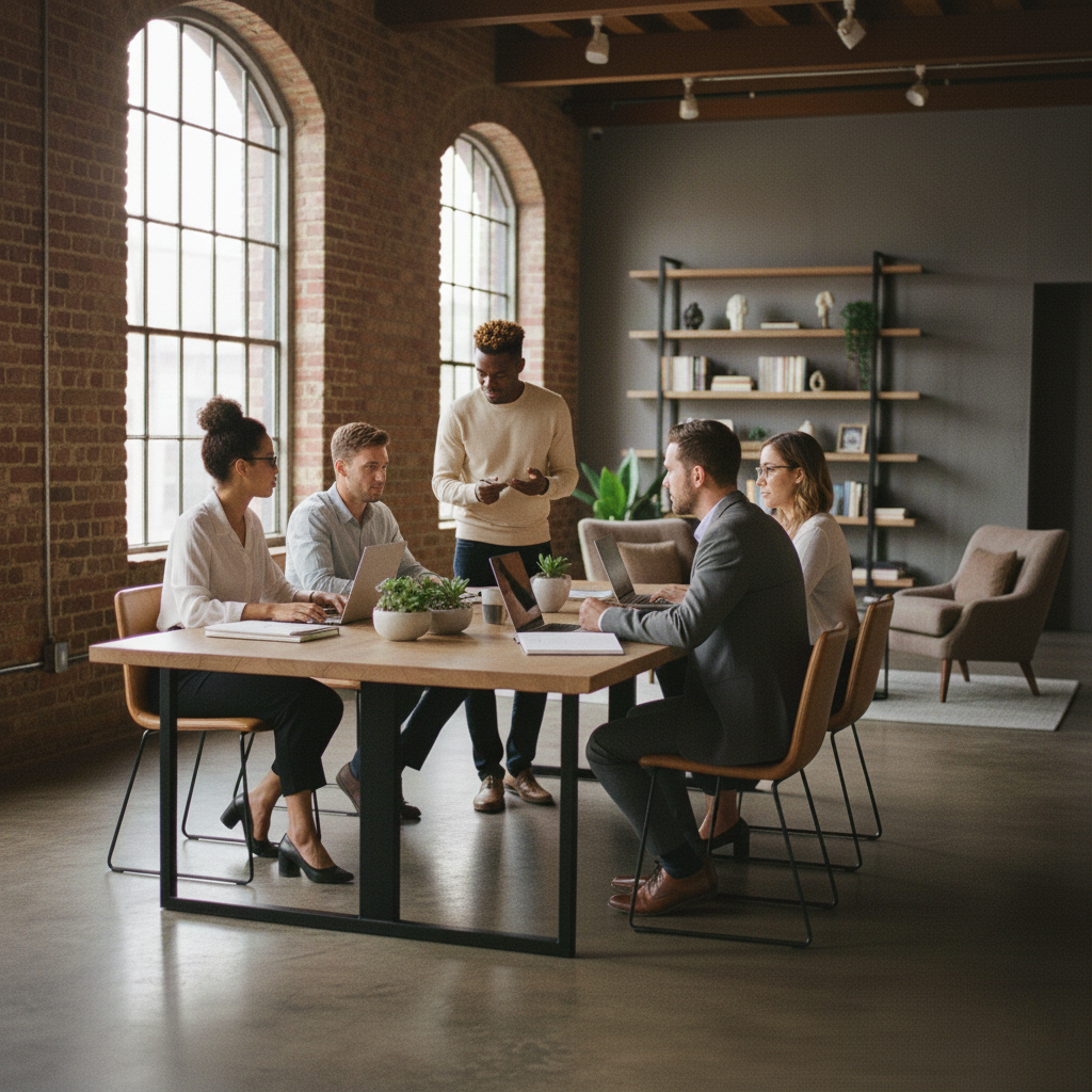 a team of employees working together at a table in a modern office