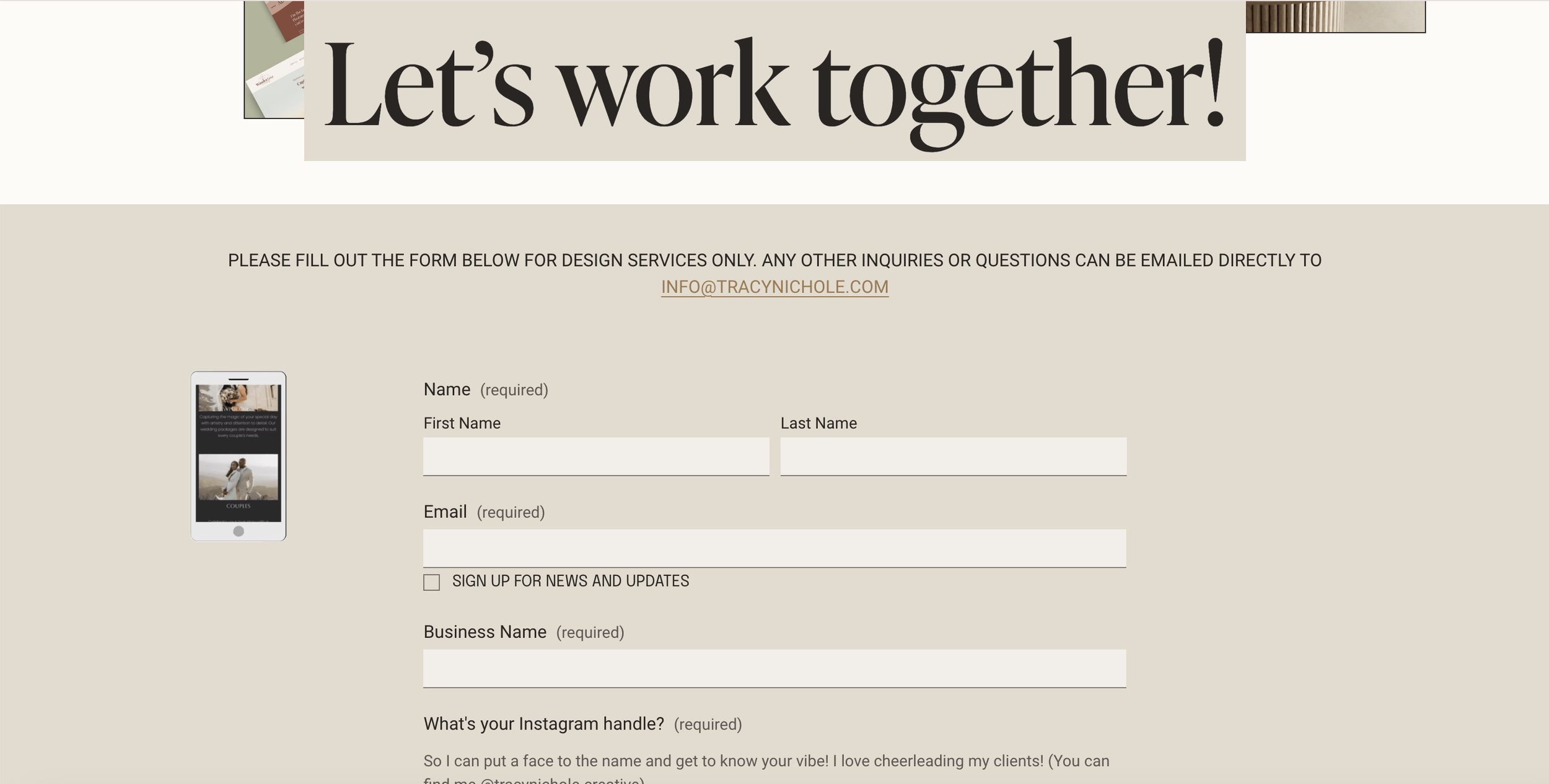 contact page on a wedding professional's website