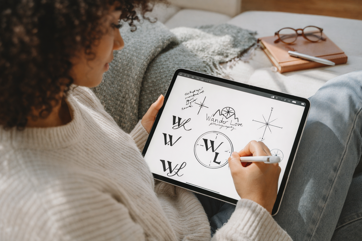 Female brand designer sitting on the couch with tablet in her lap drawing logo design concepts