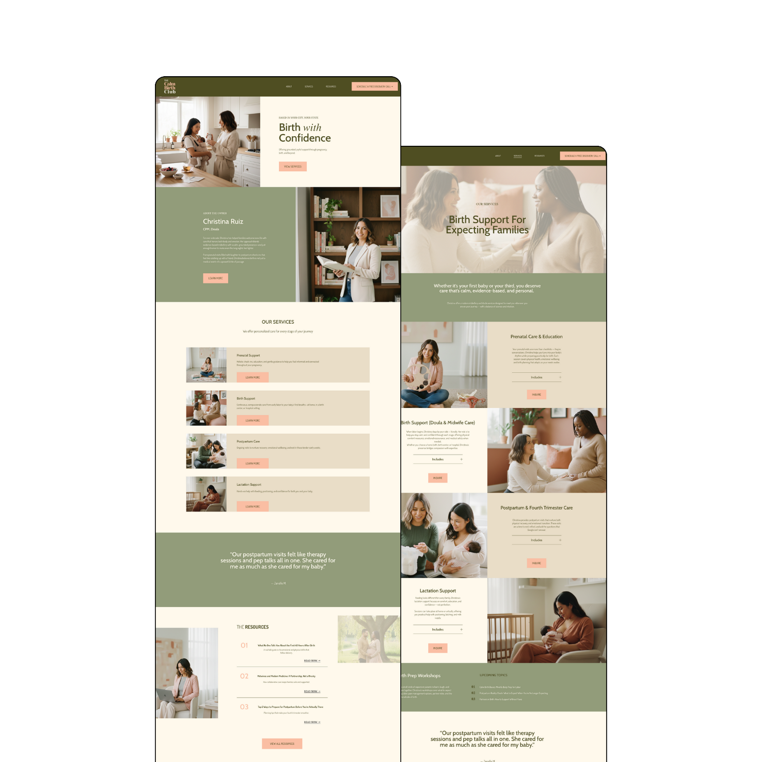 Two screenshots of a website for a birth support service. The website features images of women and mothers, with sections about services like prenatal, birth, postpartum care, and lactation support, along with motivational quotes.