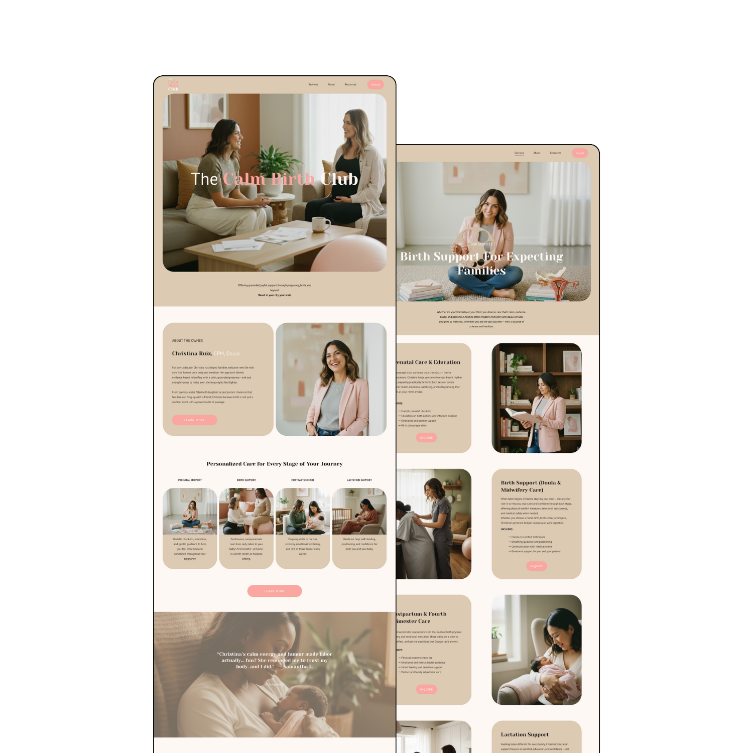 Websites for a birth support and midwifery service, featuring images of women, a baby, and text about the services offered.