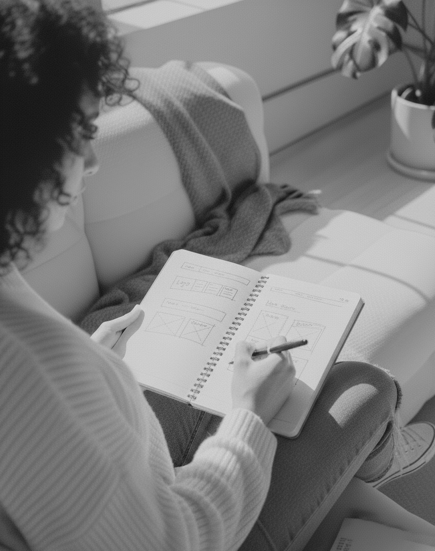 woman sitting on a couch with a notebook sketching plans