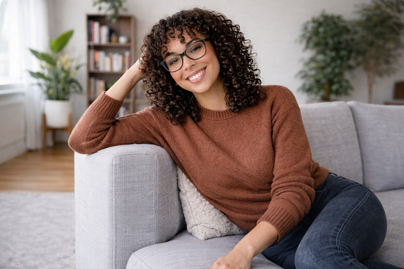 woman with curly hair leaning against arm rest on couch.