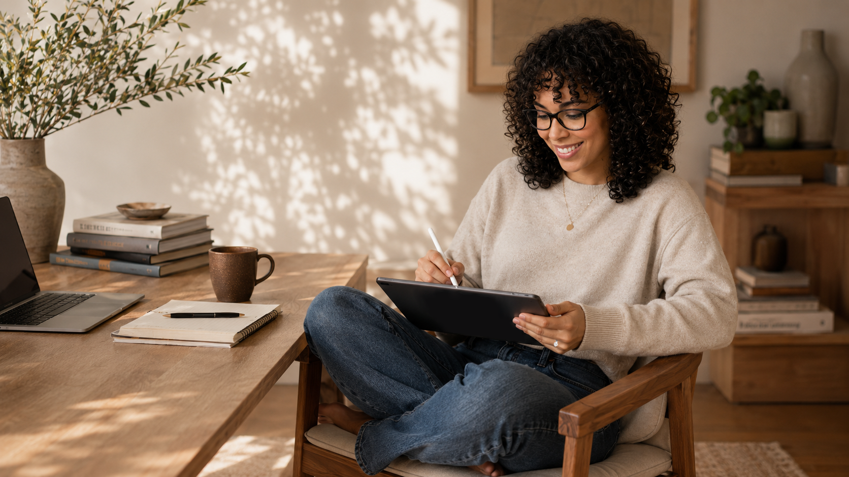 A woman with curly hair, glasses, and a beige sweater sitting cross-legged at a wooden desk, working with a digital stylus on a tablet. The desk has a laptop, notebooks, a pen, a brown mug, and a small dish. Behind her is a bookshelf, and a large vase with foliage is on the left side of the desk, with sunlight casting shadows on the wall.
