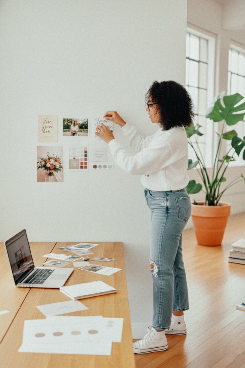 woman standing next to table hanging items on the wall