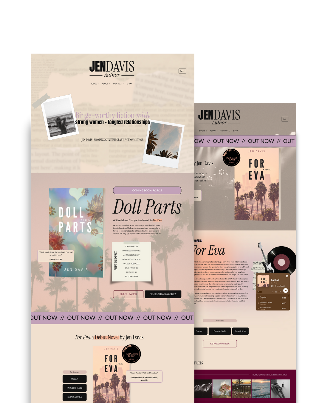 Screenshots of a website promoting Jen Davis's novel 'For Eva,' featuring book covers, author information, release date, and decorative palm tree graphics.
