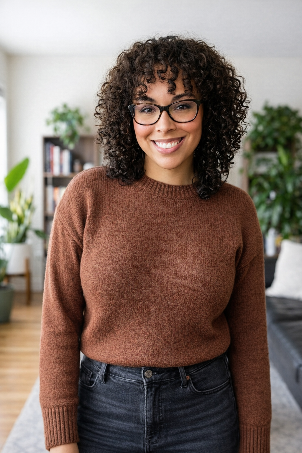woman with curly hair wearing a brown sweater. Michigan brand designer