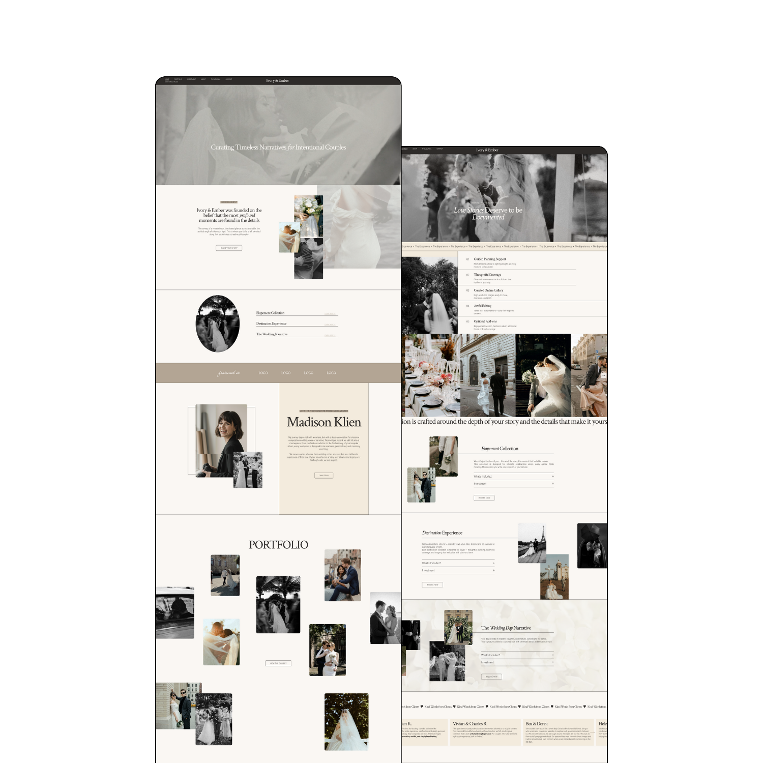 Screenshots of a wedding photography portfolio website with a neutral color palette, featuring images of couples, weddings, and the photographer Madison Klien.