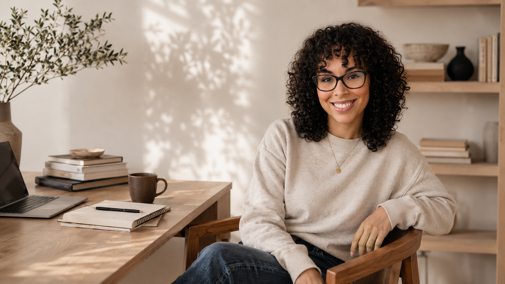 Curly Haired Woman sitting in a wooden chair next to a wooden desk smiling Tracy Nichole Creative Lansing Website Designer