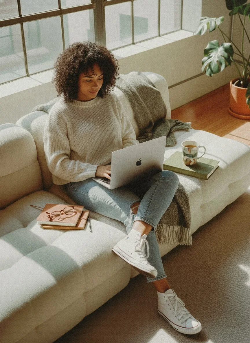 woman sitting on couch with her legs crossed and laptop sitting on her lap