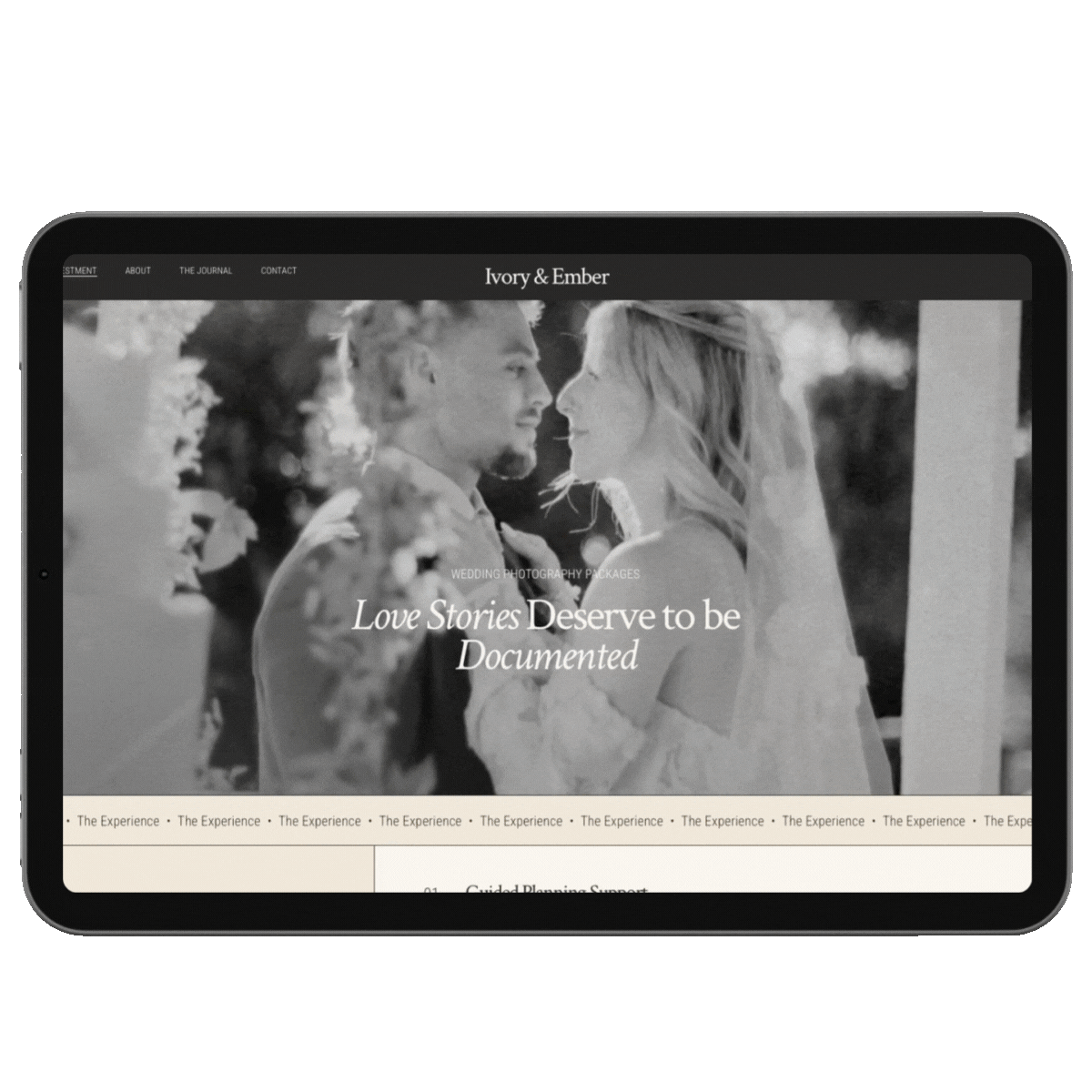 tablet with a scrolling wedding website on it