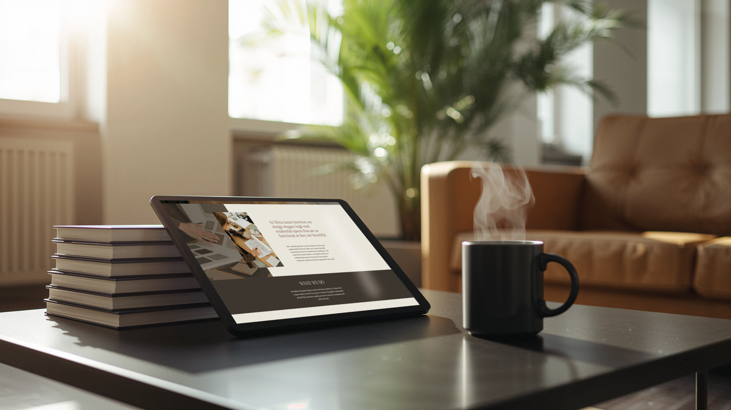 tablet leaning on books on a coffee table with a hot cup of coffee next to it