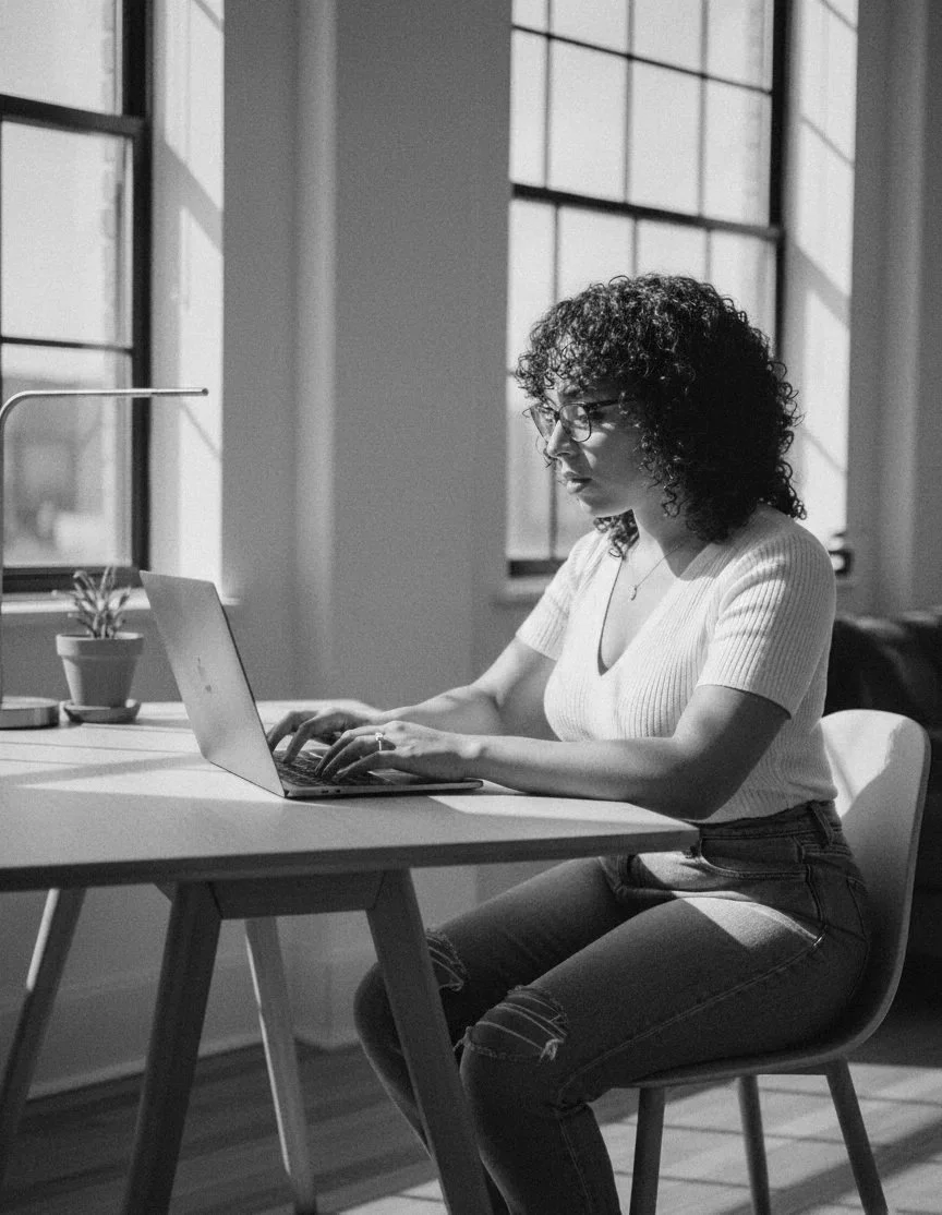 woman sitting at a desk working on a laptop