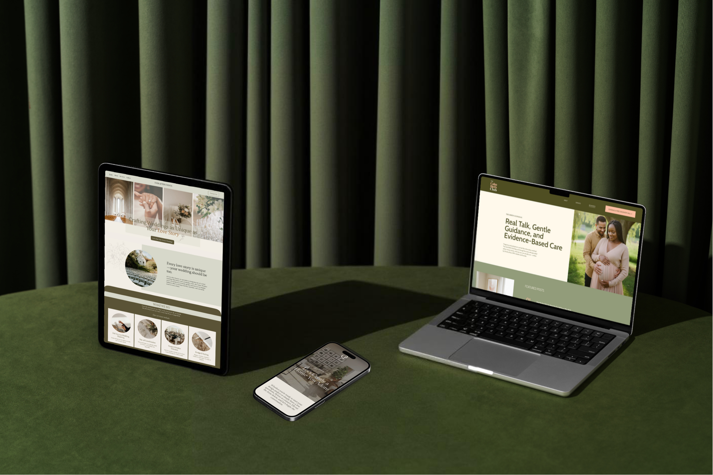 Tablet, mobile phone, and laptop sitting on a forest green table with a match green curtain in the background