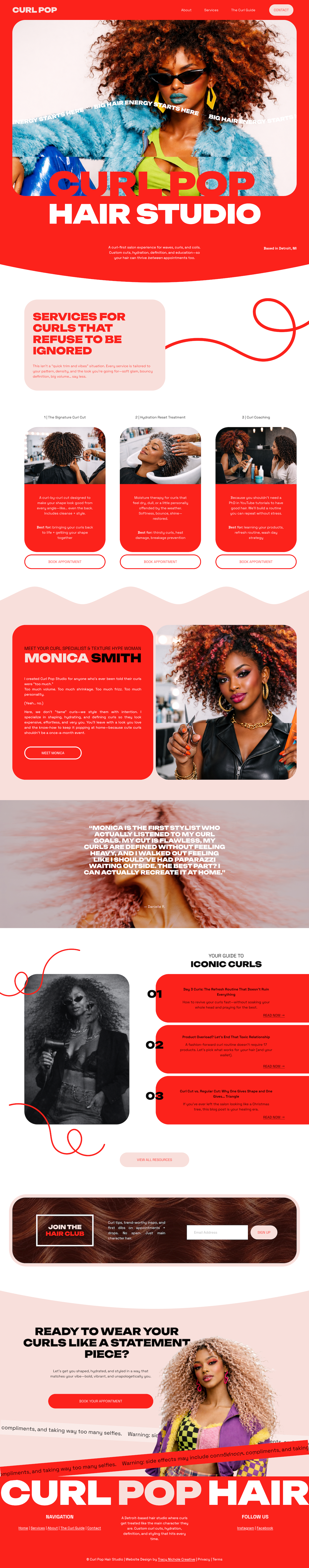 The webpage is for CURL POP HAIR STUDIO, a hair salon specializing in curly hair styling. The page features images of women with curly hair, highlights services for curly hair, and introduces stylist Monica Smith. The design uses a red, white, and pink color scheme, includes sections for services, stylist biography, icons for curling techniques, and a call to action to join the hair club.